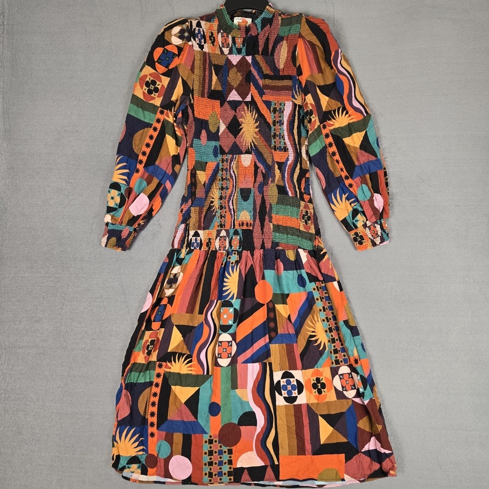 Farm Rio Midi Dress Womens Medium Tropical Shapes Orange Smock Preppy Boho Retro